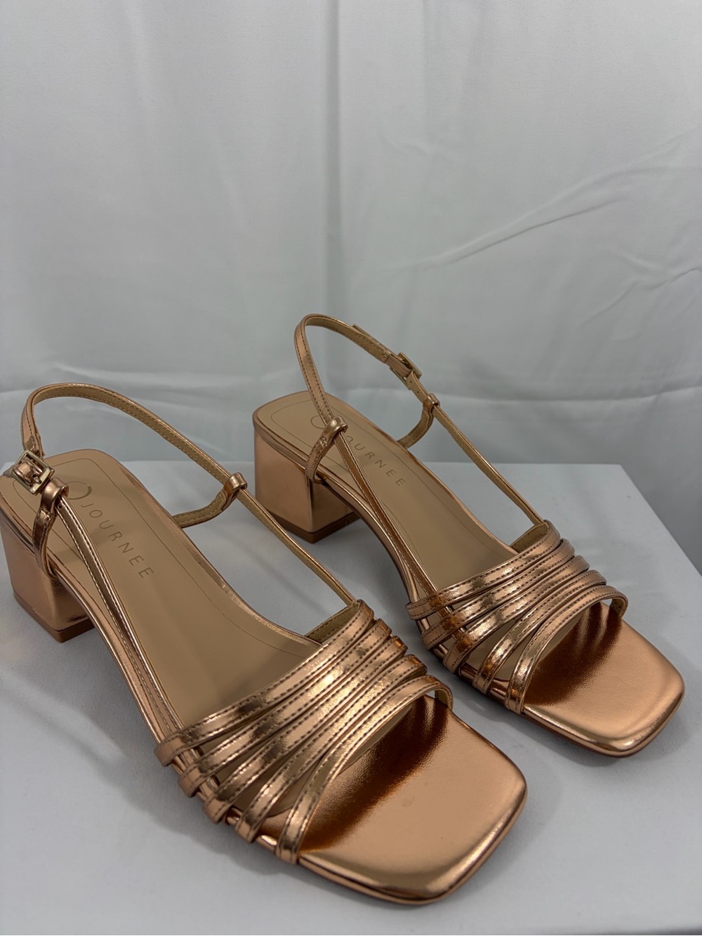 NWT Journee Collection Women Size 8 Metallic Rose Gold 2 Inch Block Heel Sandals
